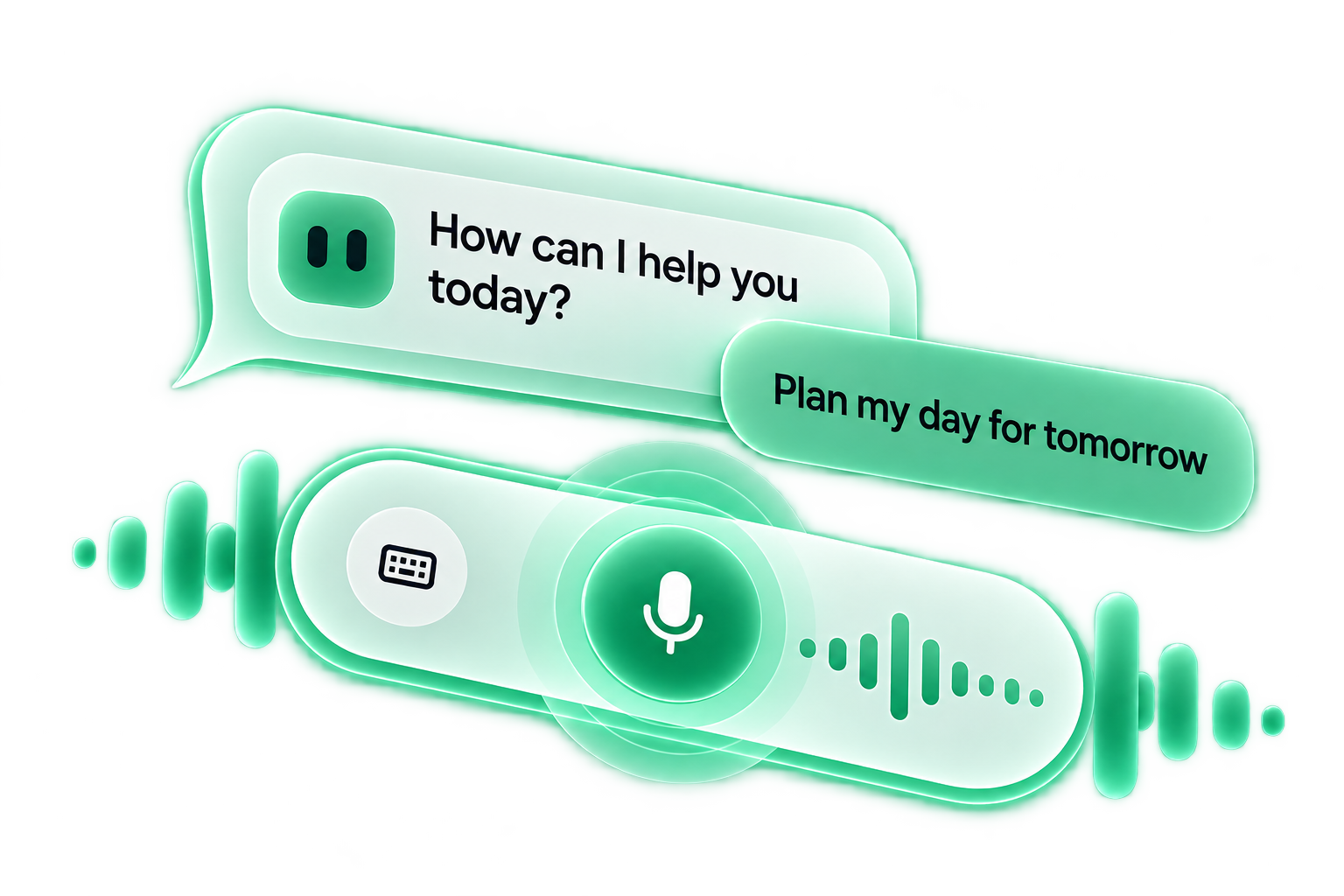 Mentor's chat: How can I help you today, a reply to plan tomorrow, and a hold-to-talk bar with a keyboard and microphone.